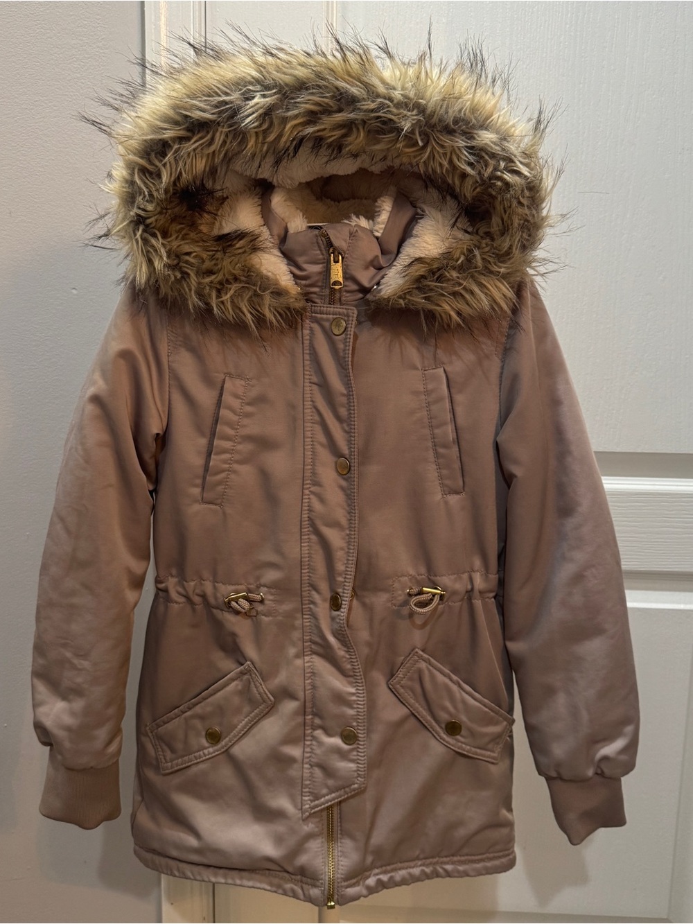 H&M Girls’ Detachable Faux-Fur Hooded Parka Jacket - Taupe- size 8- $25